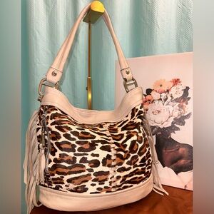 b. makowsky Calfhair Leopard Print Shoulder Bag with Fringe